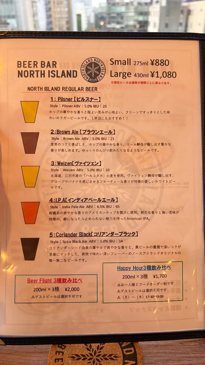 A laminated beer menu page listing five regular beers with style, ABV and IBU, plus prices for small and large glasses and two tasting-flight boxes