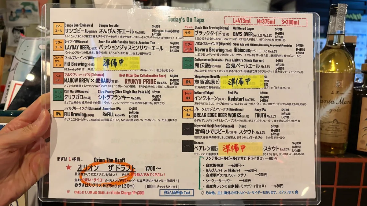 A laminated tap list headed Today's On Taps, held up at the counter, with two columns of beers in Japanese and English and prices for three sizes