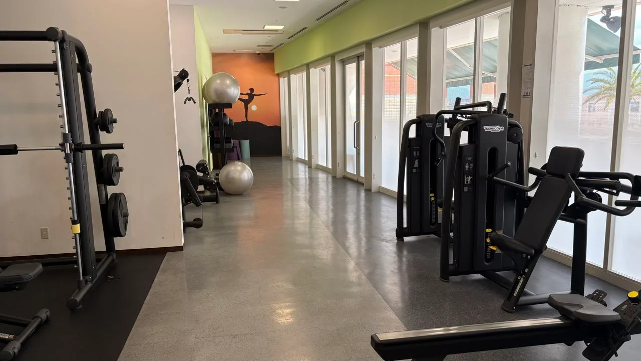 A hotel gym with a weight rack and loaded plates on the left, two grey exercise balls against the back wall and black weight machines lined up by the windows on the right