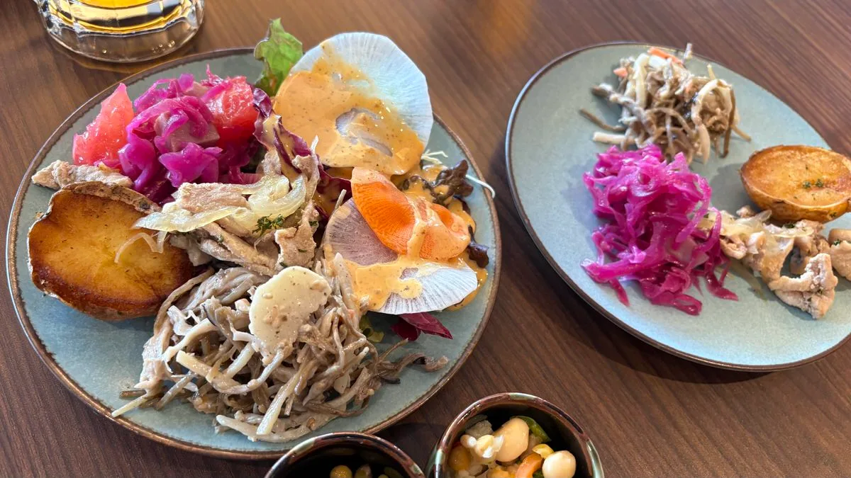 Two plates of lounge food, one heaped and one modest, with burdock salad and pickled red cabbage