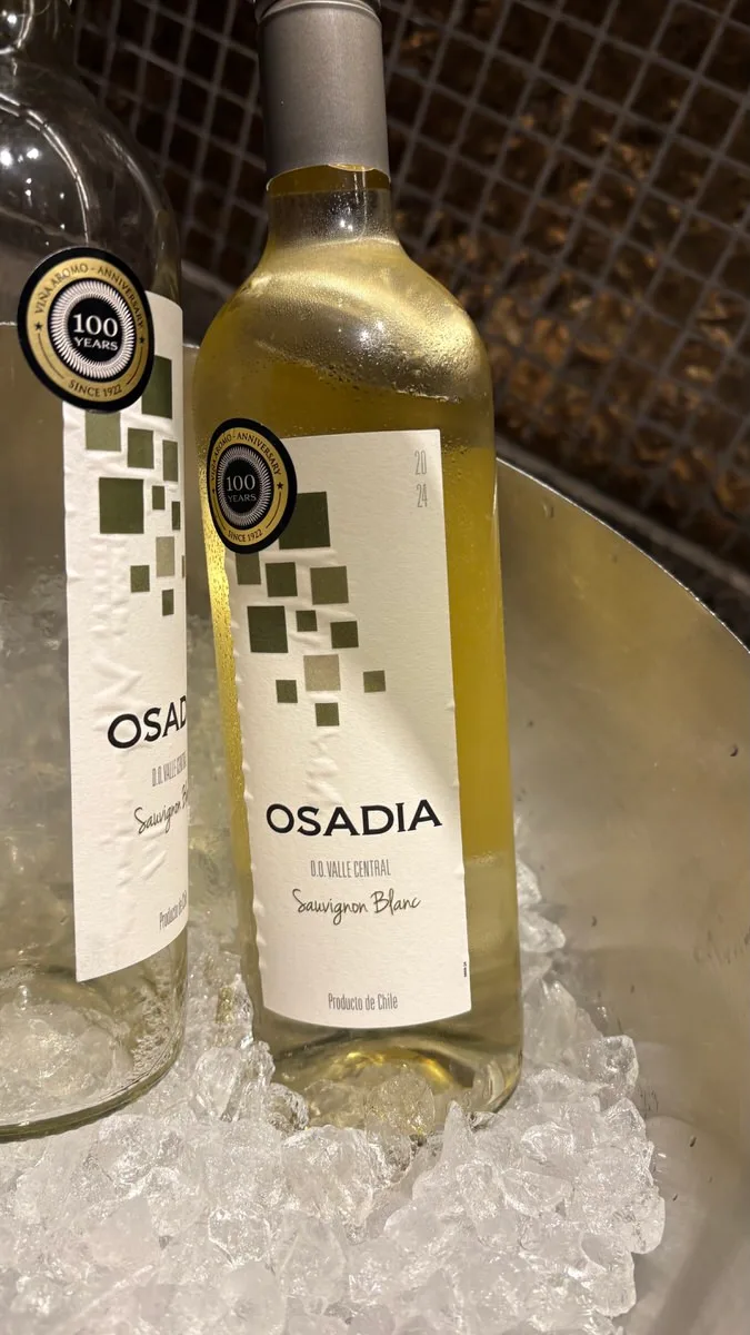 A chilled bottle of OSADIA Sauvignon Blanc from Chile standing in a metal ice bucket