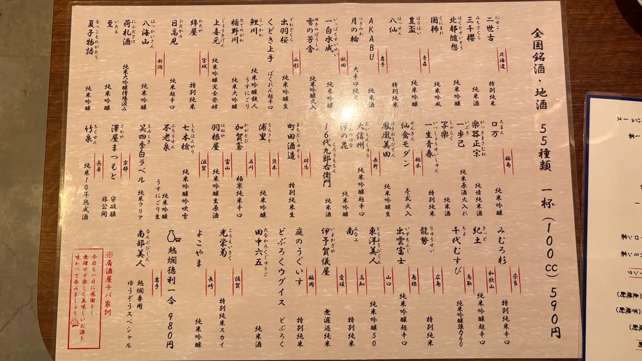 A printed list of regional sake brands from across Japan, arranged by prefecture