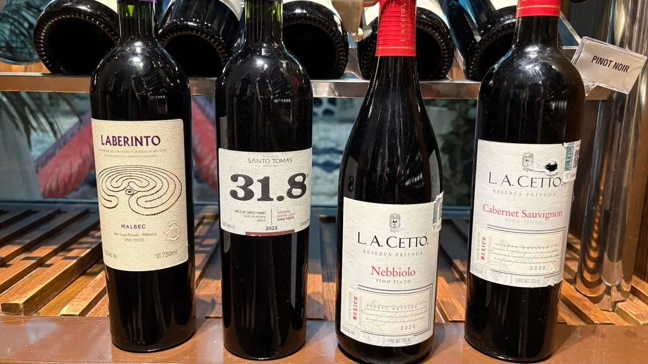 Four red wine bottles on a wooden ledge under racked bottles: Laberinto Malbec, Santo Tomás 31.8, L.A. Cetto Nebbiolo and L.A. Cetto Cabernet Sauvignon, beside a Pinot Noir shelf tag